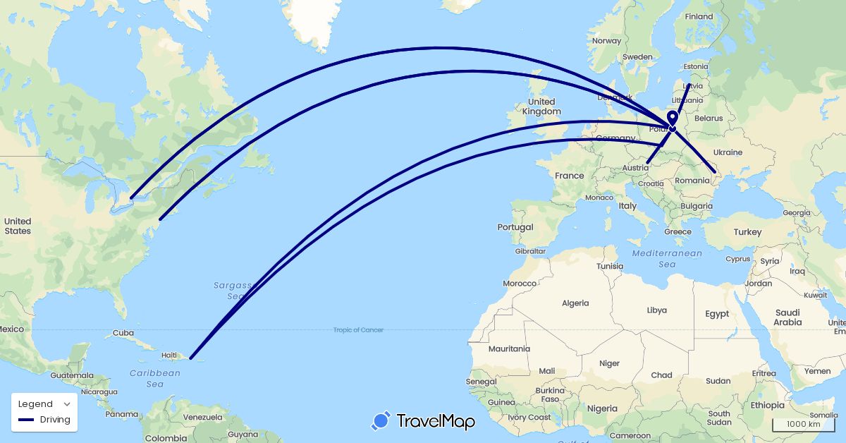 TravelMap itinerary: driving in Austria, Canada, Dominican Republic, Latvia, Moldova, Poland, United States (Europe, North America)